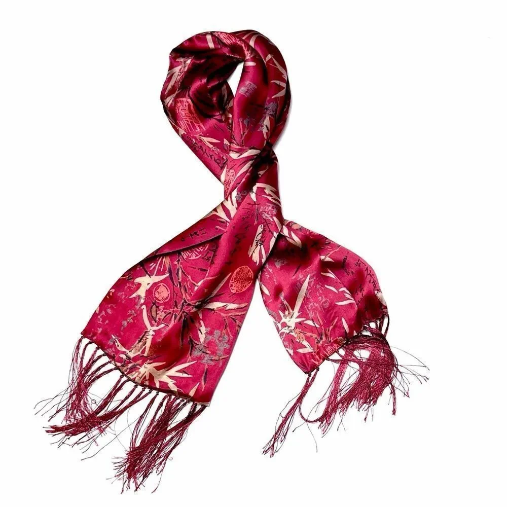 Men's Fuchsia Doubled Silk Scarf Hieroglyphs and Floral Bamboo Design Fringed
